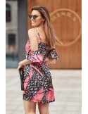 Strap dress with sleeves with pink leaves, black PR3215 - Online store - Boutique